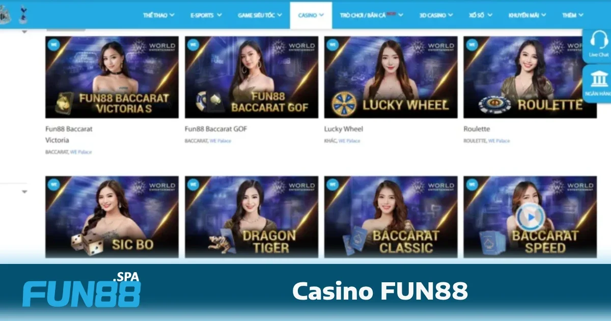 Casino Fun88 3 Casino FUN88 cung cấp hàng loạt các trò chơi casino hấp dẫn, đảm bảo đáp ứng đầy đủ các sở thích và nhu cầu của khách hàng.