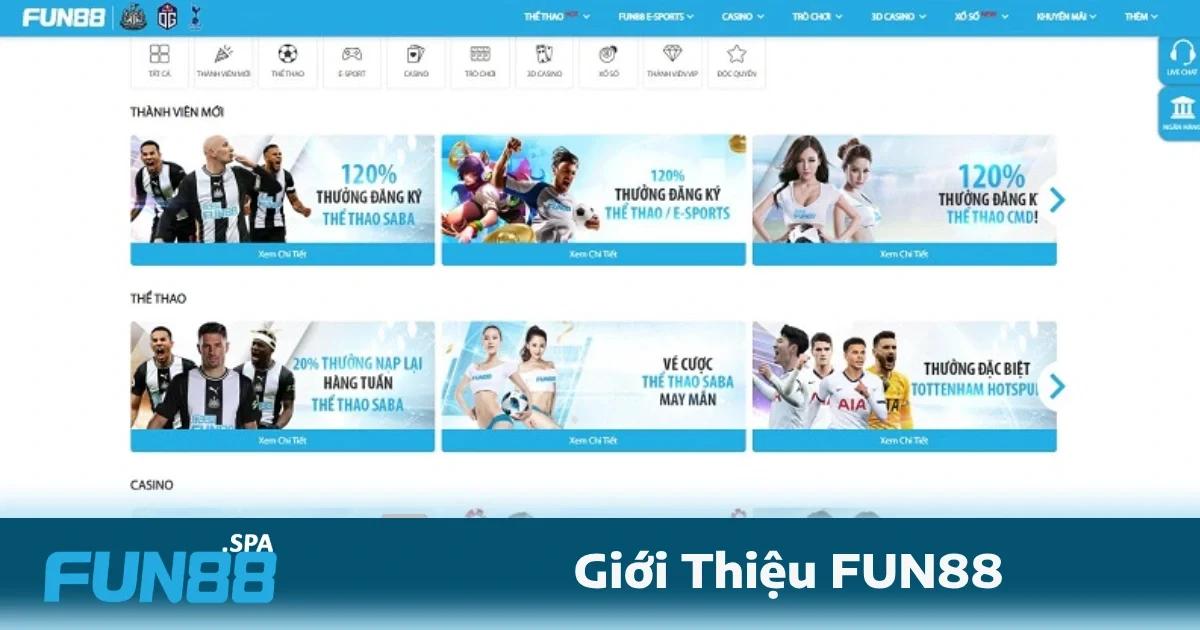 Giới Thiệu Về Fun88 3 Điểm mạnh của FUN88 là nền tảng cá cược thể thao đa dạng gồm bóng đá, bóng rổ, quần vợt, thể thao điện tử, và nhiều môn thể thao khác.